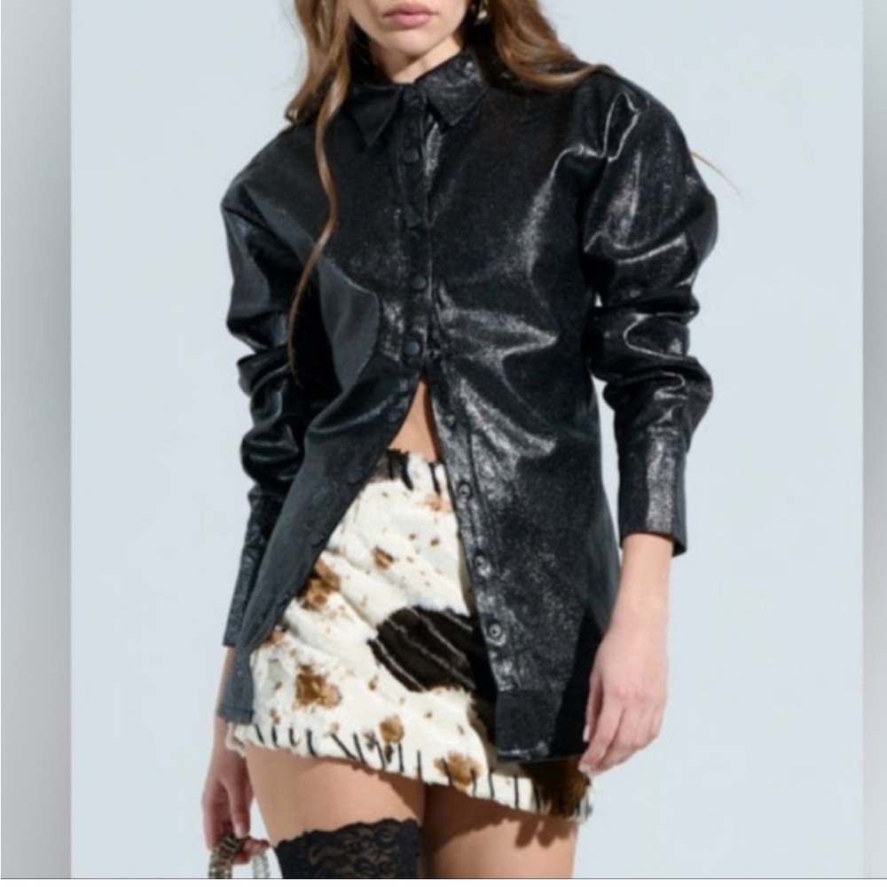 AKIRA Shiny Coated Black Faux Leather Jacket With Open Back With Straps